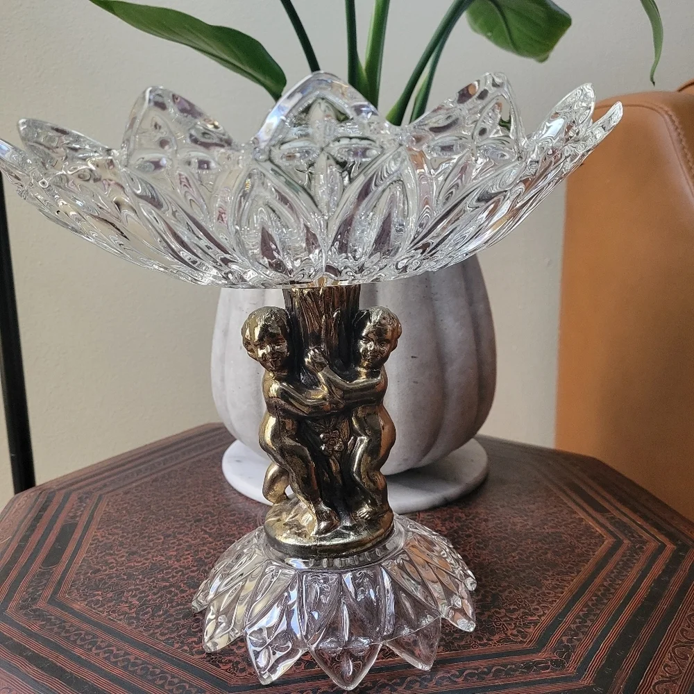 FRENCH ROCOCO PEDESTAL COMPOTE Hollywood Regency Glass Centerpiece with Cherubs